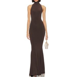 Norma Kamali Chocolate Brown Halter Turtleneck Fishtail Gown